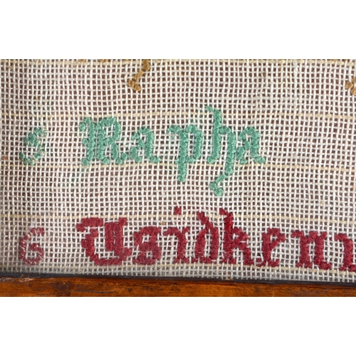 396 - A VERY RARE JUDAIC HEBREW EMBROIDERED SAMPLER within a butt wood frame. 22 cm x 17.5 cm.