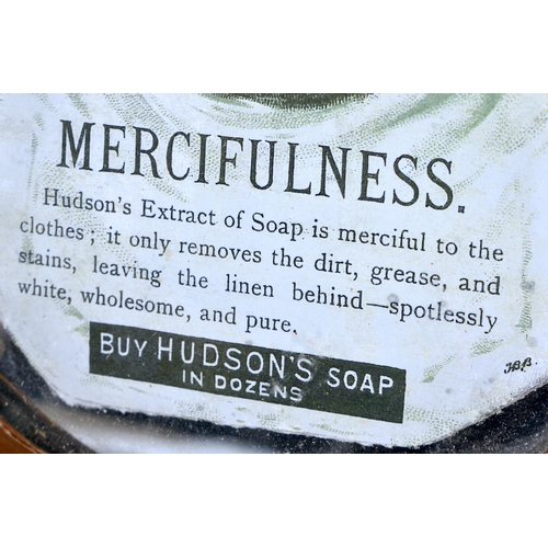 398 - A VERY RARE HUDSONS SOAP MERCIFULLNESS ADVERTISING MIRROR within original painted wood frame. 28 cm ... 