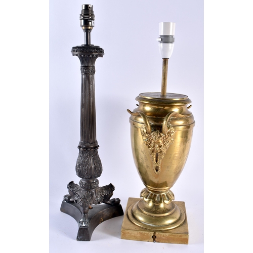 399 - A LARGE EARLY 20TH CENTURY ENGLISH COUNTRY HOUSE BRONZE LAMP together with another bronze column lam... 