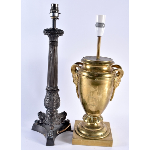 399 - A LARGE EARLY 20TH CENTURY ENGLISH COUNTRY HOUSE BRONZE LAMP together with another bronze column lam... 