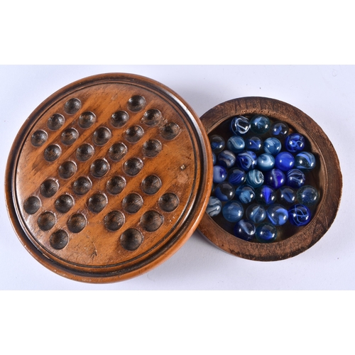 400M - A Victorian Wood Solitaire Board with a Tray containing Marbles. 10.5cm diameter