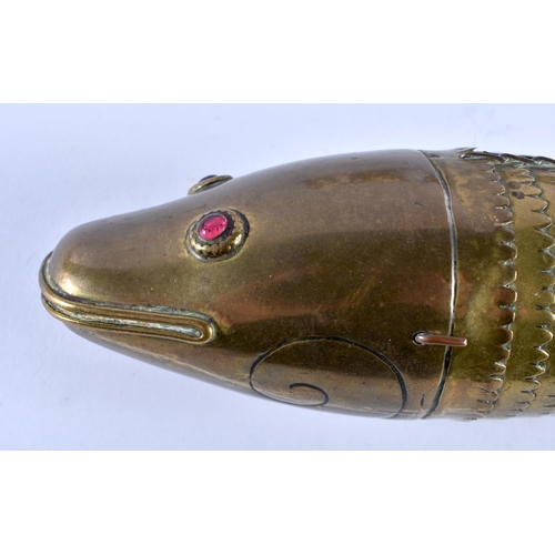 401 - A 19TH CENTURY INDIAN RUBY GEM SET ARTICULATED FISH together with an enamelled bronze box & cover & ... 