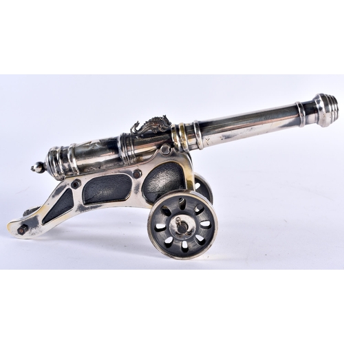 404 - A RARE ANTIQUE CUTAJAR WORKS MALTESE SILVER PLATED DESK CANNON. 22 cm x 10 cm.