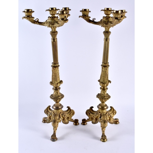 408 - A LARGE PAIR OF 19TH CENTURY EUROPEAN GILT BRONZE CANDLEABRA formed with acanthus capped columns, up... 