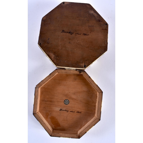 411 - A MID 19TH CENTURY ANGLO INDIAN OCTAGONAL BOX AND COVER C1860 Bombay. 11.5 cm square.