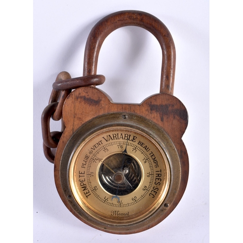 413 - A RARE LATE VICTORIAN/EDWARDIAN TREEN PADLOCK HANGING BAROMETER. Padlock 16 cm x 8 cm.