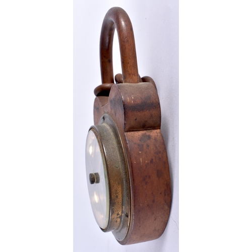 413 - A RARE LATE VICTORIAN/EDWARDIAN TREEN PADLOCK HANGING BAROMETER. Padlock 16 cm x 8 cm.