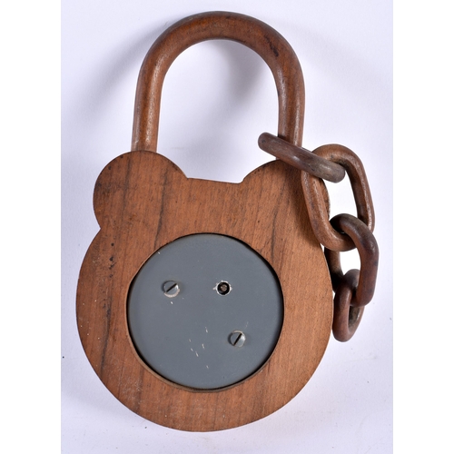 413 - A RARE LATE VICTORIAN/EDWARDIAN TREEN PADLOCK HANGING BAROMETER. Padlock 16 cm x 8 cm.