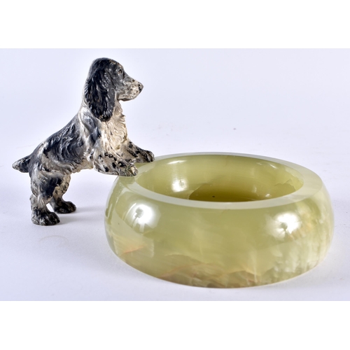 414 - AN ANTIQUE AUSTRIAN COLD PAINTED BRONZE DOG ONYX ASHTRAY together with a pair of cold painted onyx b... 