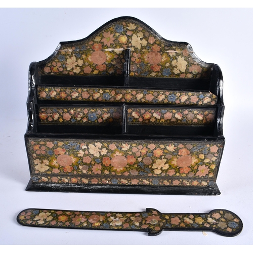 416 - AN UNUSUAL LARGE LATE 19TH CENTURY KASHMIR LACQUER COUNTRY HOUSE DESK SET overlaid with extensive fo... 