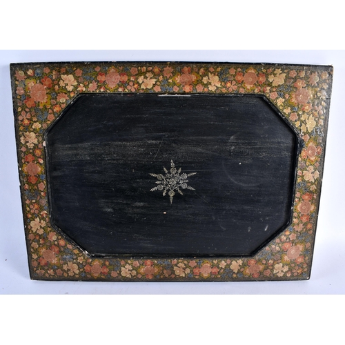 416 - AN UNUSUAL LARGE LATE 19TH CENTURY KASHMIR LACQUER COUNTRY HOUSE DESK SET overlaid with extensive fo... 