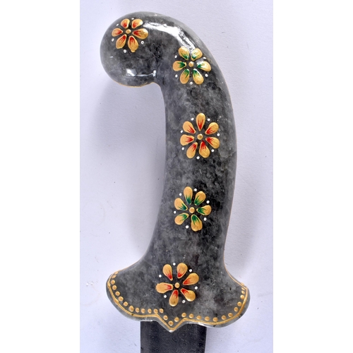 417 - A MIDDLE EASTERN CARVED GREY AGATE HARDSTONE DAGGER with Niello scabbard. 36 cm long.