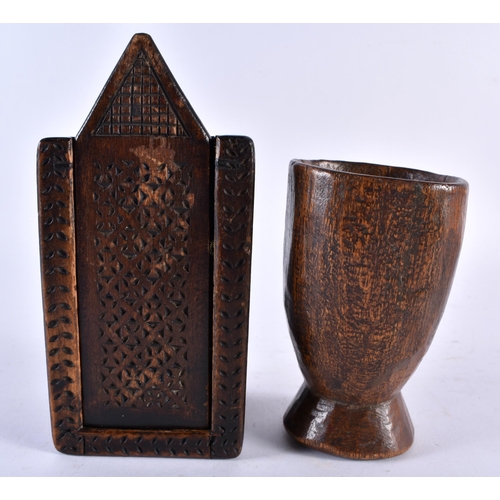 422 - A 19TH CENTURY TREEN CARVED FOLK ART WOOD SPILL HOLDER together with a sliding treen box & goblet. L... 