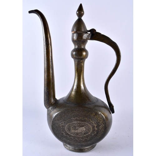 424 - AN EARLY PERSIAN MIDDLE EASTERN BRONZE EWER together with two other similar repousse ewers. Largest ... 