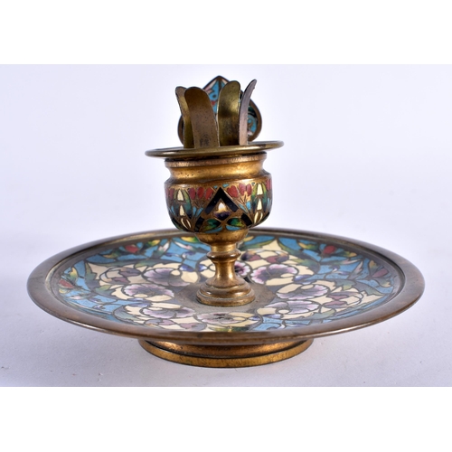 427 - A 19TH CENTURY FRENCH BRONZE AND CHAMPLEVE ENAMEL CHAMBERSTICK decorated with foliage. 12 cm x 7 cm.