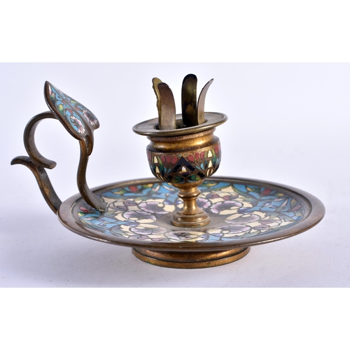 427 - A 19TH CENTURY FRENCH BRONZE AND CHAMPLEVE ENAMEL CHAMBERSTICK decorated with foliage. 12 cm x 7 cm.