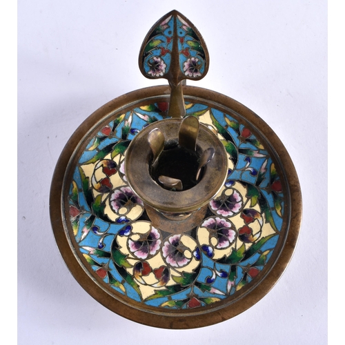 427 - A 19TH CENTURY FRENCH BRONZE AND CHAMPLEVE ENAMEL CHAMBERSTICK decorated with foliage. 12 cm x 7 cm.