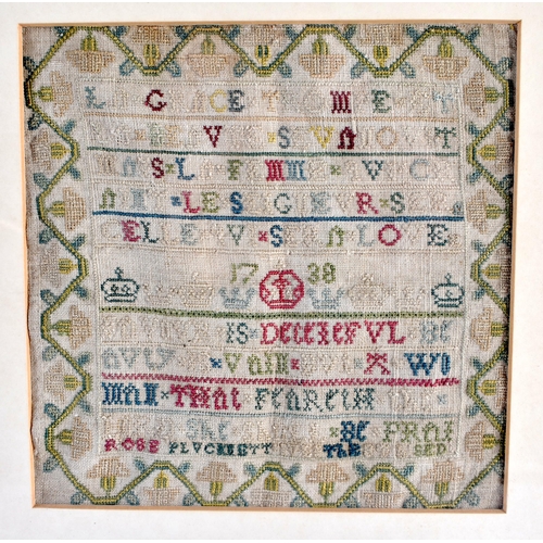 430 - A MID 18TH CENTURY ENGLISH EMBROIDERED SAMPLER dated 1738. 27 cm square.