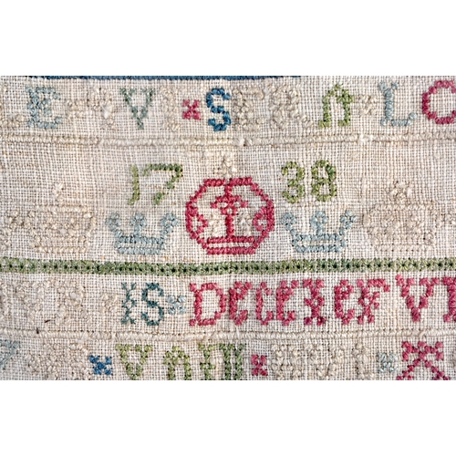 430 - A MID 18TH CENTURY ENGLISH EMBROIDERED SAMPLER dated 1738. 27 cm square.