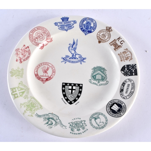 436 - A VERY RARE BOOTHS HOTEL FALCON RESTERAUNT SAMPLE PRESENTATION PLATE printed with various armorials.... 