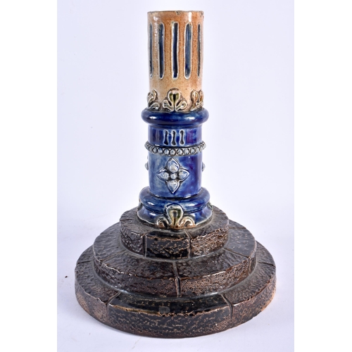 437 - A RARE ANTIQUE FULHAM POTTERY STONEWARE CANDLESTICK overlaid with flowers upon a brickwork base. 22 ... 