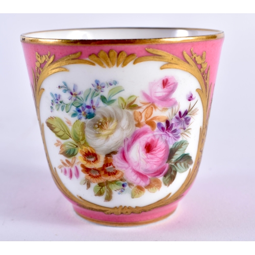 45 - A LATE 19TH CENTURY FRENCH SEVRES PORCELAIN CUP AND SAUCER painted with floral panels of a pink grou... 