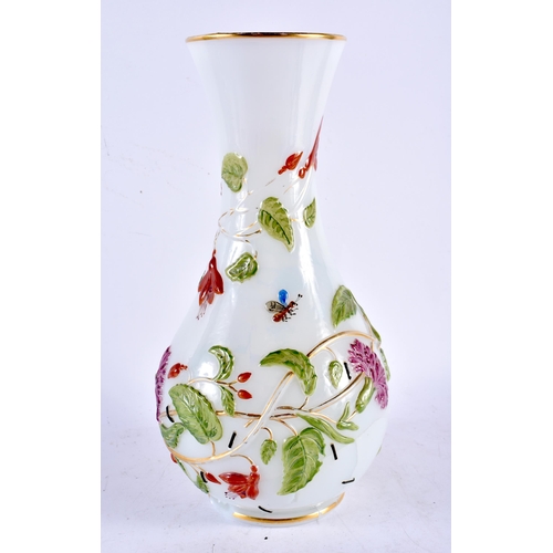 451 - A FINE 19TH CENTURY FRENCH RELIEF ENAMELLED OPALINE GLASS VASE decorated with insects, foliage and t... 