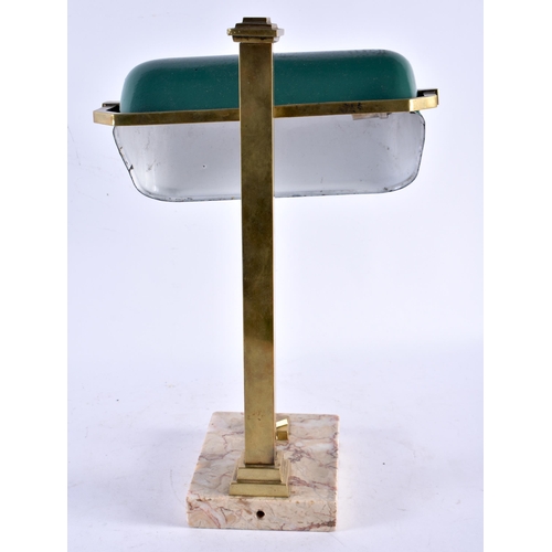 457 - A STYLISH ART DECO BRONZE AND MARBLE DESK LAMP with green enamelled shade. 38 cm x 20 cm.