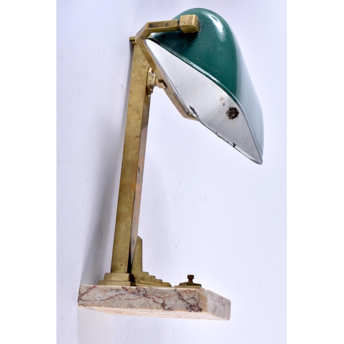 457 - A STYLISH ART DECO BRONZE AND MARBLE DESK LAMP with green enamelled shade. 38 cm x 20 cm.