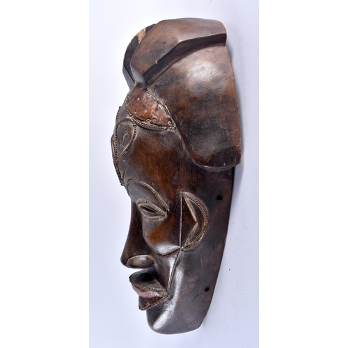 459 - AN UNUSUAL AFRICAN TRIBAL BASKET WEAVE CARVED WOOD CIRCULAR MASK together with another African mask ... 