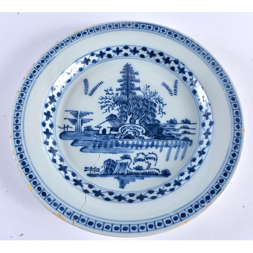 462 - THREE 18TH CENTURY DELFT TIN GLAZED POTTERY PLATES one painted with a single figure, two painted wit... 