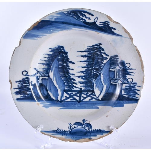 462 - THREE 18TH CENTURY DELFT TIN GLAZED POTTERY PLATES one painted with a single figure, two painted wit... 