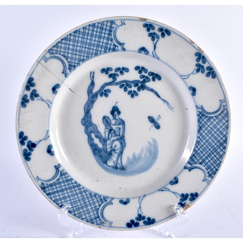 462 - THREE 18TH CENTURY DELFT TIN GLAZED POTTERY PLATES one painted with a single figure, two painted wit... 