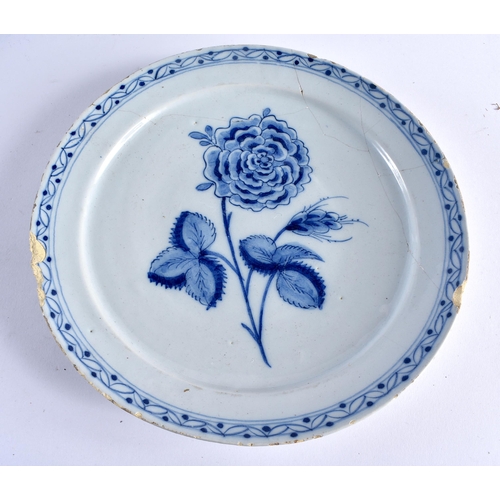 463 - AN UNUSUAL PAIR OF 18TH CENTURY DELFT TIN GLAZED POTTERY BOTANICAL PLATES together with two others. ... 