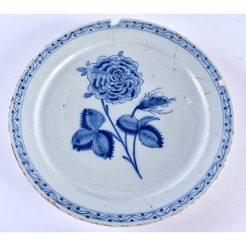 463 - AN UNUSUAL PAIR OF 18TH CENTURY DELFT TIN GLAZED POTTERY BOTANICAL PLATES together with two others. ... 