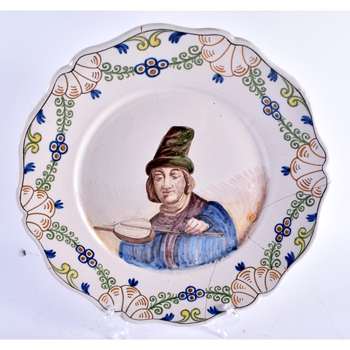 465 - A PAIR OF ANTIQUE FRENCH TIN GLAZED FAIENCE SCALLOPED PLATES painted with figures and foliage. 29 cm... 