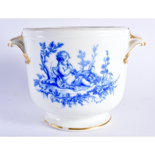 467 - AN 18TH/19TH CENTURY FRENCH SEVRES PORCELAIN SMALL JARDINIERE painted in blue enamels with putti wit... 