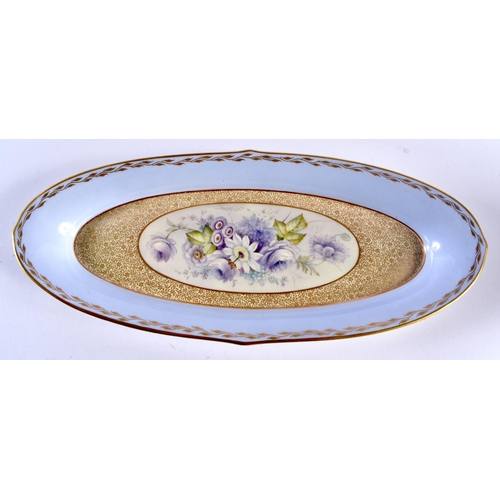 468 - A ROYAL WORCESTER LAVENDER GLAZED PORCELAIN OVAL DISH by E Phillips. 30 cm x 12 cm.