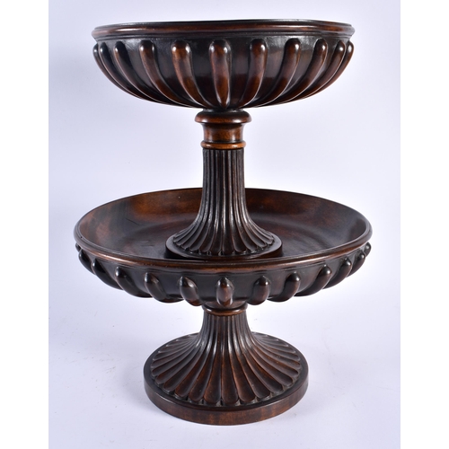 472 - A FINE EDWARDIAN CARVED MAHOGANY TWO TIER PEDESTAL COMPORT in the Georgian style, formed with fluted... 