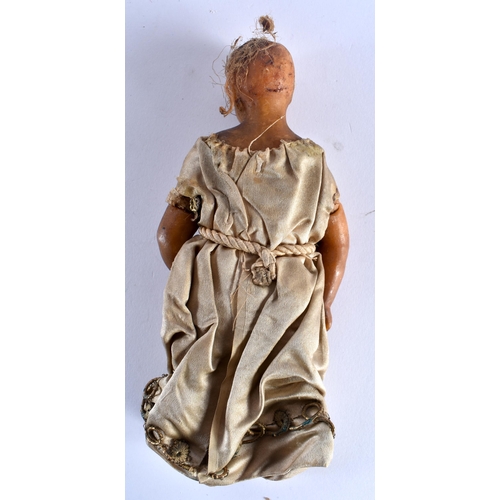 477 - AN EARLY WAX EMBROIDERED DOLL . 18 cm high.