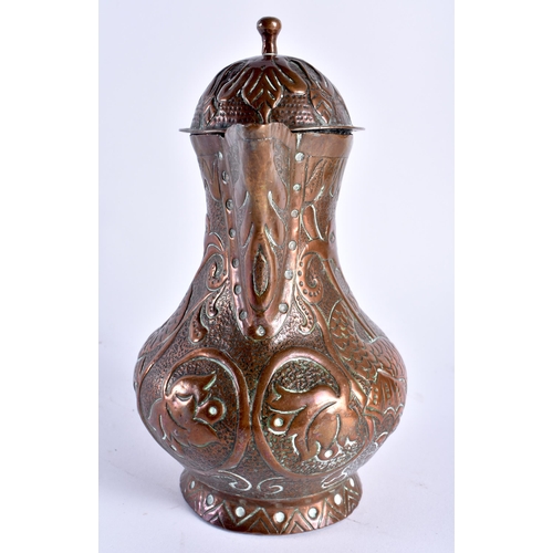 478 - AN ARTS AND CRAFTS REPOUSSE COPPER STYLISED BIRD FLAGON possibly Newlyn. 21 cm x 14 cm.