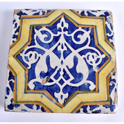 480 - AN 18TH CENTURY ITALIAN FRENCH FAIENCE POTTERY FONT together with an early Spanish faience tile. Lar... 