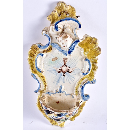 480 - AN 18TH CENTURY ITALIAN FRENCH FAIENCE POTTERY FONT together with an early Spanish faience tile. Lar... 