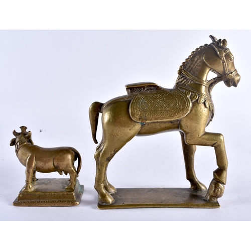 484 - AN 18TH CENTURY INDIAN BRONZE FIGURE OF A STANDING HORSE together with a smaller bronze Nandi bull. ... 