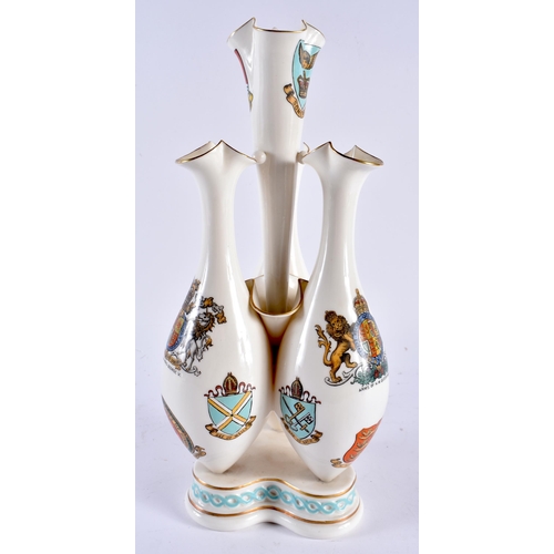 489 - A RARE GOSS ARMORIAL CRESTEDWARE PORCELAIN TRIPLE POSY VASE with central fourth stem. 33 cm high.