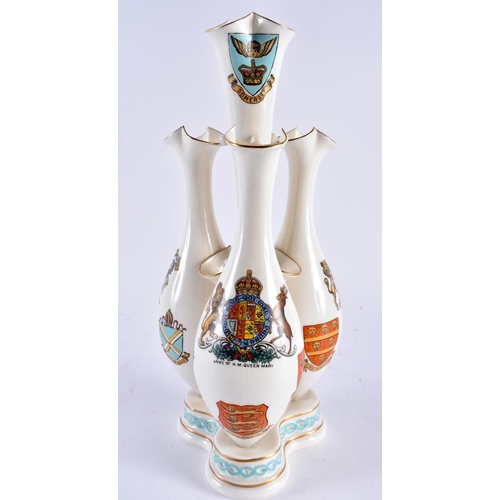 489 - A RARE GOSS ARMORIAL CRESTEDWARE PORCELAIN TRIPLE POSY VASE with central fourth stem. 33 cm high.