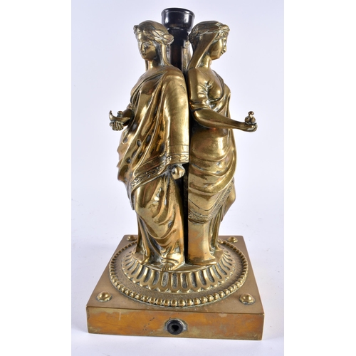 498 - A LARGE MID 19TH CENTURY COUNTRY HOUSE BRONZE LAMP formed with three females wearing draped robes ho... 