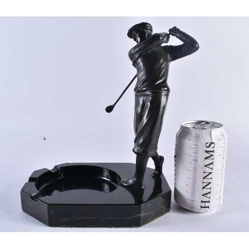 499 - A STYLISH ART DECO PATINATED METAL AND MARBLE GOLFING GENTLEMANS DESK STAND possibly bronze. 27 cm x... 