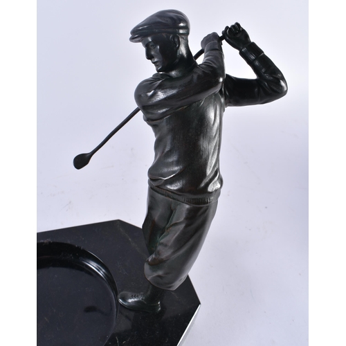 499 - A STYLISH ART DECO PATINATED METAL AND MARBLE GOLFING GENTLEMANS DESK STAND possibly bronze. 27 cm x... 