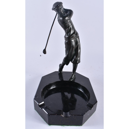 499 - A STYLISH ART DECO PATINATED METAL AND MARBLE GOLFING GENTLEMANS DESK STAND possibly bronze. 27 cm x... 